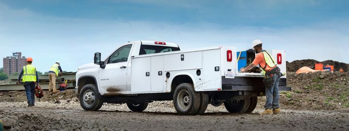 Chevrolet Silverado 3500HD Chassis Cab with a service body on a work site